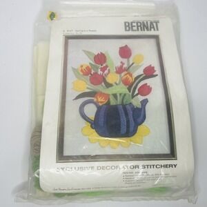 Bernat Stichery Kit Spring in a Teapot #9157 Stamped Fabric Yarn 14" x18" NEW